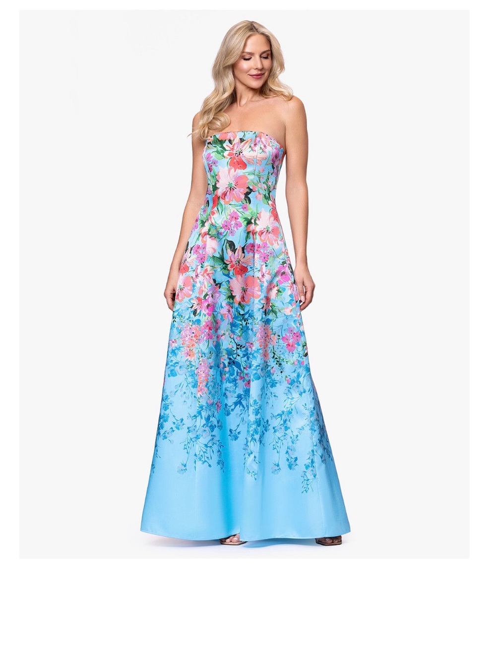 Betsy & Adam Strapless Sky Blue Floral Ball Gown